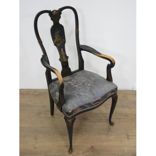 439 - A 19th Century lacquered Elbow Chair, a French green painted Piano Stool and a 19th Century black pa... 