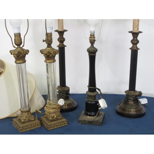 444 - A pair of Corinthian column black and gilt metal Table Lamps and Shades, a pair of glass Table Lamps... 