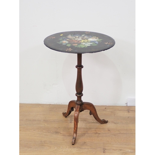 46 - A Victorian slate topped circular Pillar Table with floral painted top mounted upon tripod base 2ft ... 