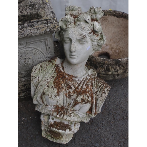 472 - Composite stone Urn on pedestal 3ft 3in H x 1ft 9in D A/F and a plaster Bust of a maiden 2ft 2in H