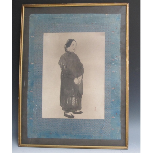 483 - CHINESE SCHOOL, 20TH CENTURY. A woman standing, mixed media, 15 x 11in , sold with two oval embroide... 