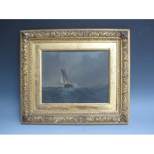 490 - ENGLISH SCHOOL 1868, Moonlit Coastal Landscape; and A Sailing Boat on a Stormy Day, with inscription... 