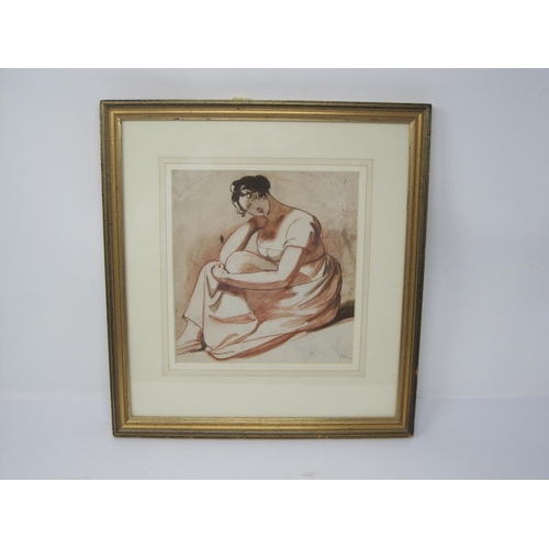 494 - ATTRIBUTED TO SAMUEL WOODFORDE, R.A. A Lady seated, pen, ink and wash and red crayon, 8 1/2 x 8in