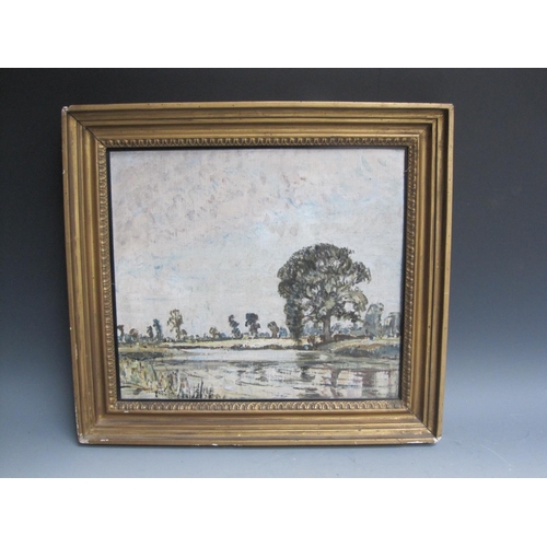 498 - HILDA WRIGHT. River landscape, inscribed on a partial label on the reverse, oil on board, 14 x 16in;... 