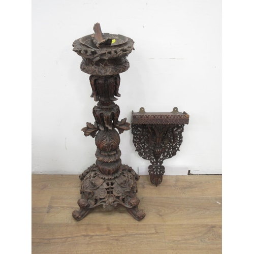 50 - A carved hardwood Jardinière Stand A/F 2ft 10in H x 10in D and a carved Wall Bracket