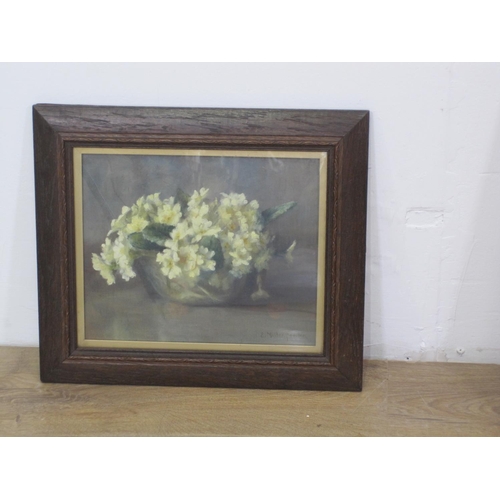 501 - E. MILLER FOWLER. A Still Life of Primroses in a Bowl, signed, oil on canvas, 9 1/2 x 11in; a waterc... 