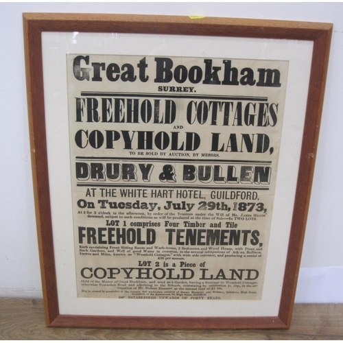 504 - A printed auction Poster for an 1873 auction of Freehold Cottages at Great Bookham, Surrey at the Wh... 