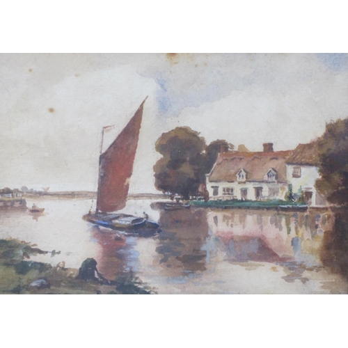 506 - ENGLISH SCHOOL, c.1910. Shore View at Low Tide; and River View with Sailing Barge, watercolour, 5 1/... 