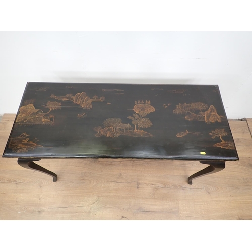 51 - A black lacquered Side Table fitted two frieze drawers mounted upon cabriole supports 3ft 11in W x 2... 