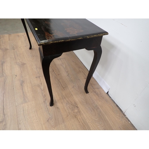 51 - A black lacquered Side Table fitted two frieze drawers mounted upon cabriole supports 3ft 11in W x 2... 