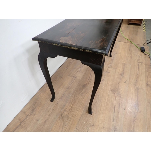 51 - A black lacquered Side Table fitted two frieze drawers mounted upon cabriole supports 3ft 11in W x 2... 