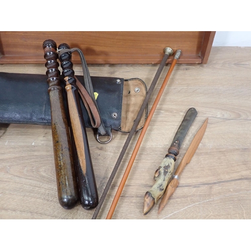 588 - Two Whips, two Truncheons, Roe Slot Letter Opener, another Letter Opener and a Tray