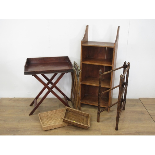 596 - A set of pine Shelves, two folding Butler's Tray Stands, a mahogany Butler's Tray and two wicker Tra... 