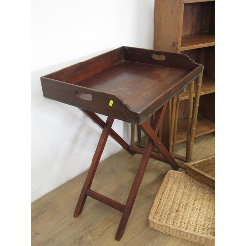 596 - A set of pine Shelves, two folding Butler's Tray Stands, a mahogany Butler's Tray and two wicker Tra... 