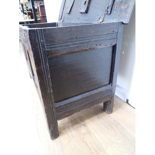 65 - A 17th Century oak Coffer with tulip carved two panel front 3ft 5in W x 2ft 1in H