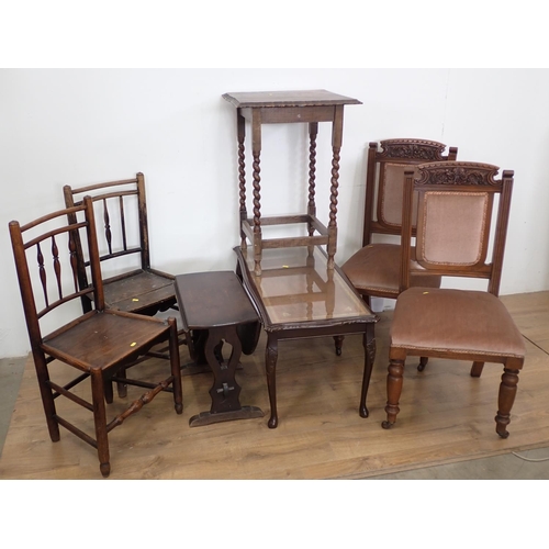 67 - Two antique ash Clissett style Chairs, a pair of Victorian walnut green upholstered Dining Chairs, a... 