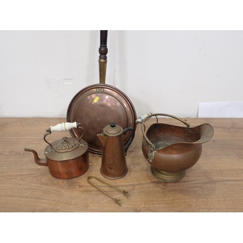 677 - Copper Warming Pan, small Coal Scuttle, Kettle and Coffee Pot