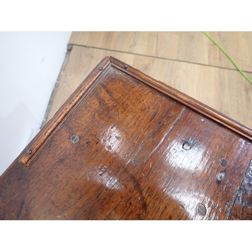 72 - An 18th Century oak single fall flap Table mounted upon square cut supports 3ft 1in W x 2ft 4in H