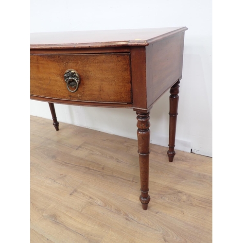 78 - A 19th Century mahogany bow fronted Serving Table fitted single frieze drawer and mounted upon turne... 