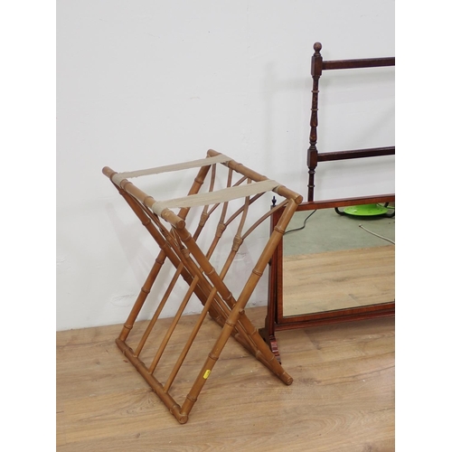 82 - A green painted bamboo effect folding Stand, a mahogany Towel Rail and mahogany framed Dressing Mirr... 