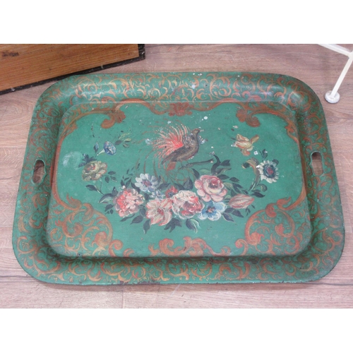 84 - A 19th Century green painted metal Tray, a white painted metal Folding Stand and a Blanket Box