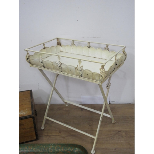 84 - A 19th Century green painted metal Tray, a white painted metal Folding Stand and a Blanket Box