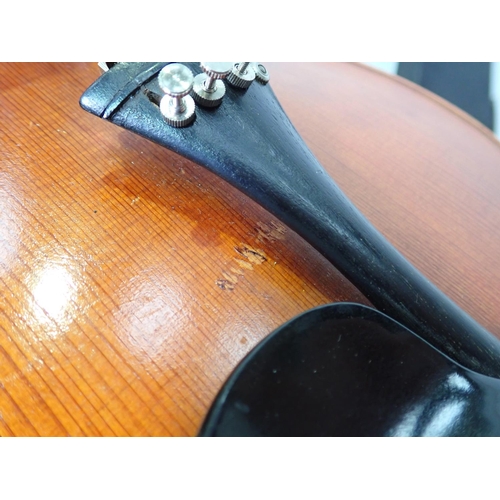 92 - A Violin labelled George Gaskin to the interior of the violin, with single piece back and perfling t... 