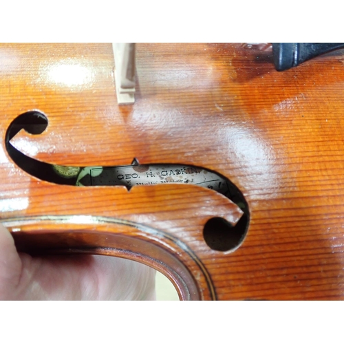 92 - A Violin labelled George Gaskin to the interior of the violin, with single piece back and perfling t... 