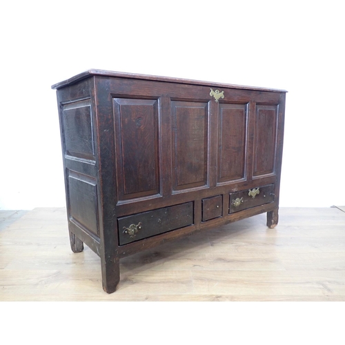 98 - A late 18th Century oak four panel Mule Chest fitted two drawers 4ft 2in W x 3ft H