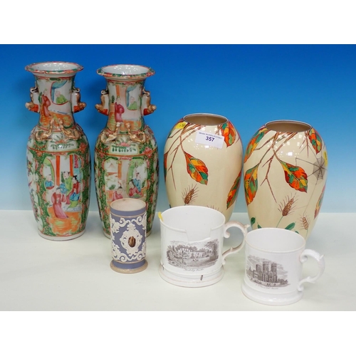 357 - A pair of Canton Vases with designs of figures, a pair of Grays Pottery Vases, various Mugs