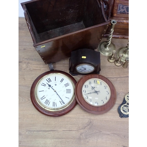 128 - A Victorian walnut Wall Clock by F.H. Brook, Builth, a Log Bin, two Wall Clocks, pair of brass twist... 