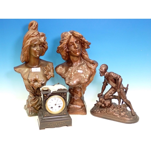 1 - Two bronze effect Busts, a figure of a Knight and a black slate Mantle Clock