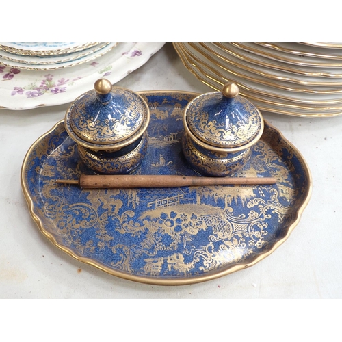 348 - A Copeland Spode blue and gilt Desk Stand, various Dinner and Side Plates