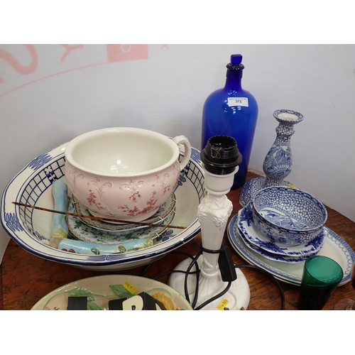 372 - A bristol blue glass Bottle with stopper, an Adams style Candlestick and Bowl, Table Lamp, Wash Bowl... 