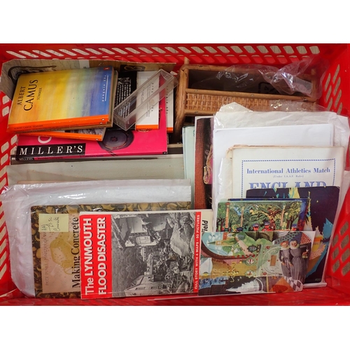 581 - Two boxes of Postcard, Ephemera and stoneware Tea and Dinnerware