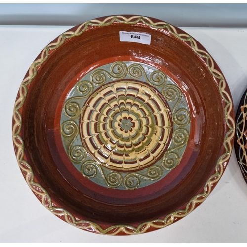 648 - Studio Pottery Bowl by M. Jones, Llandeilo 11 1/2in D and a slip decorated Plate 10 1/2in D, incised... 