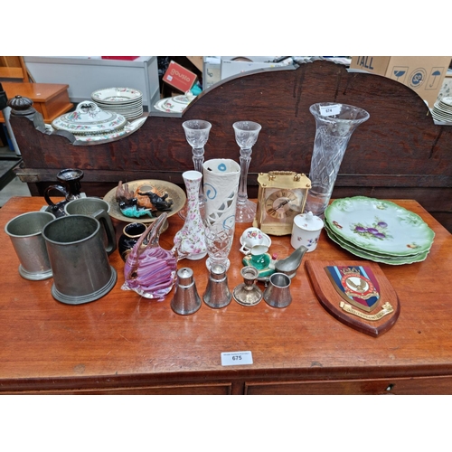 674 - Three pewter Tankards, Clock, pair of glass Candlesticks, etc.