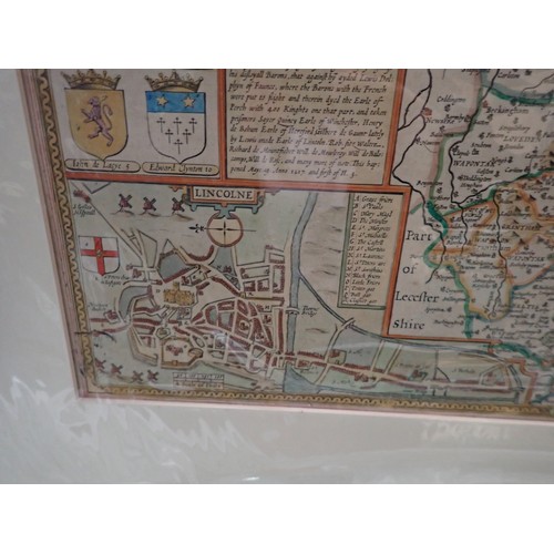 98 - John Speede, unframed coloured Map of the Countie and Citie of Lyncolne, with coats of arms, a map o... 