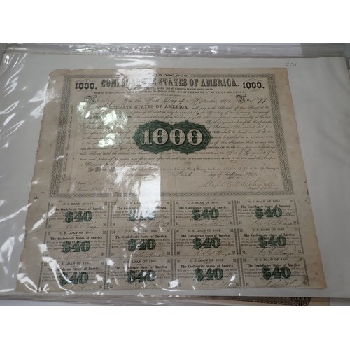 92 - Confederate State of America Loan Certificates, one hundred(2), five hundred (1), and thousand dolla... 