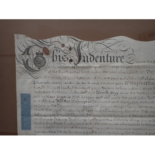 117 - A framed Indenture made 11th Year of the reign of Geo II, (1738), between Thomas Fenton, Budford Yor... 