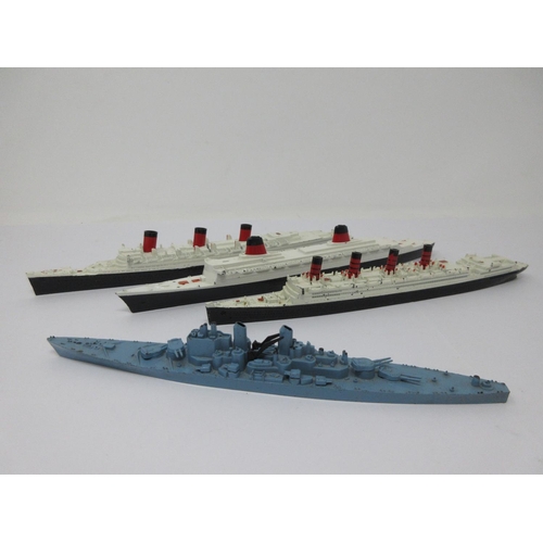 203 - Four boxed Tri-ang Waterline diecast model Boats including HMS Aquatania, HMS Queen Mary, S.S. Franc... 