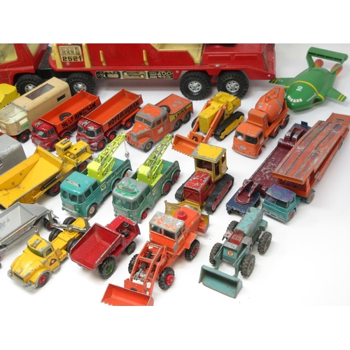 349 - A box of play worn diecast Matchbox and other models and a tinplate Crane