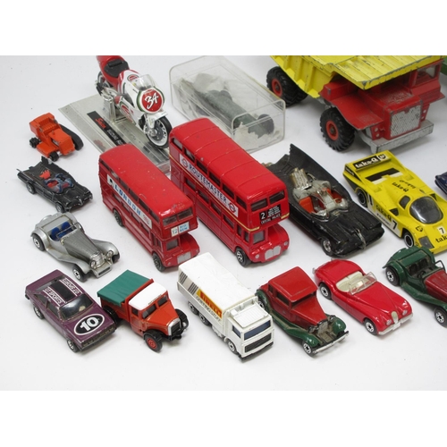 350 - A box of play worn diecast Models including a Tri-ang Lorry, Dumper Truck, Buses, Corgi VW Truck, Ja... 