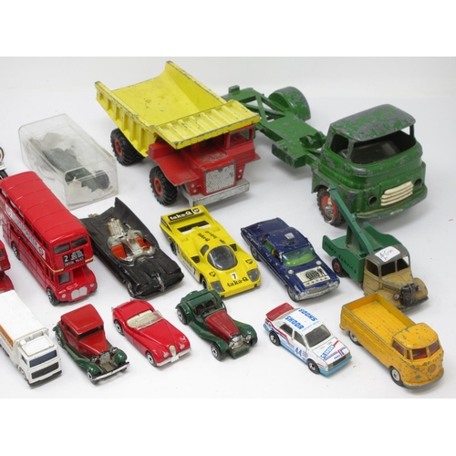 350 - A box of play worn diecast Models including a Tri-ang Lorry, Dumper Truck, Buses, Corgi VW Truck, Ja... 