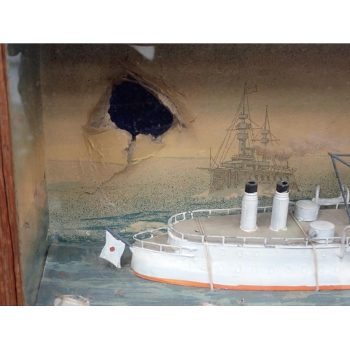 357 - A framed set of shelves with a diorama on each level of Ships with printed backgrounds 2ft 3 1/2in W... 