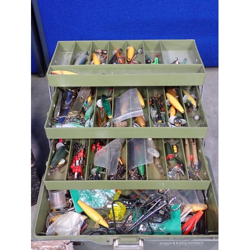 389 - A japanned metal Fishing Tackle Box containing a large quantity of Minnows, Lures, a box of old Salm... 