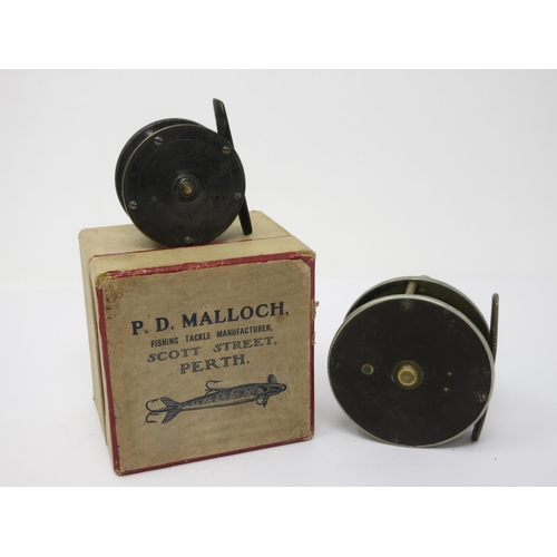 415 - A P.D. Malloch 2 1/3in brass Reel in a P.D. Mallloch Box and a J.W. Cummins 3in brass Reel