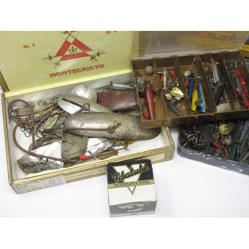 419 - Two boxes of Spoons, Minnows and Lures, a Rig Box with Floats, a tin of Lures and Minnows and a Brad... 