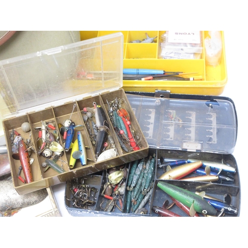 419 - Two boxes of Spoons, Minnows and Lures, a Rig Box with Floats, a tin of Lures and Minnows and a Brad... 