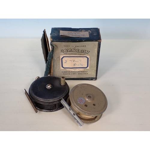 441 - A Farlow's 'Panton' 3in Fly Reel in damaged box and a 3 3/8in alloy Trout Reel similar to a Hardy 'P... 